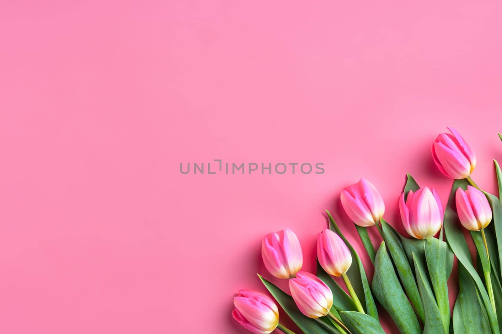 Pink tulips flowers on pink background. ai generated Card for Mothers day, or Happy Easter. Greeting card or wedding invitation. Flat lay, top view