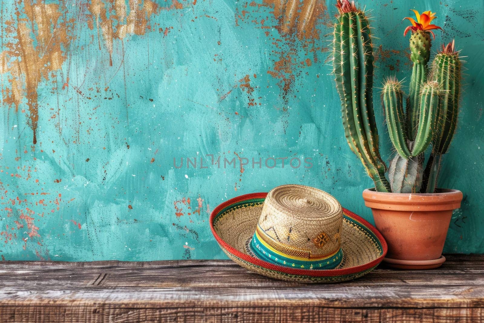 Cinco de Mayo holiday background with Mexican cactus and party sombrero hat on wooden table. ai generated