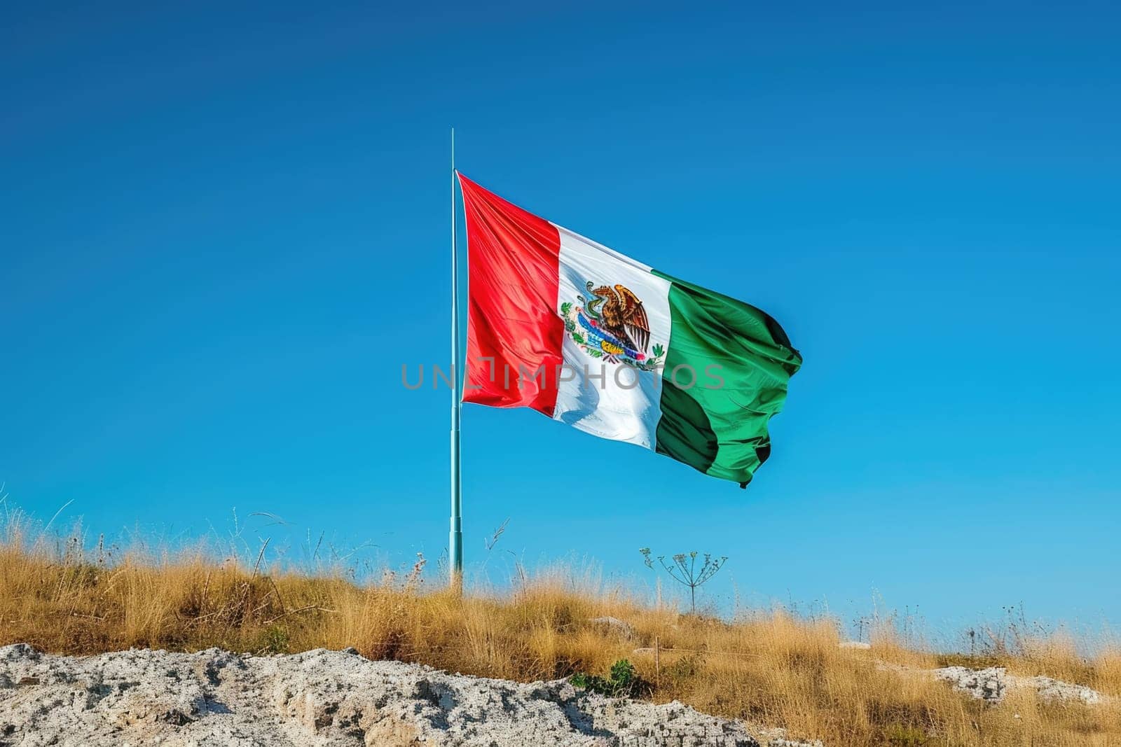 Flag of Mexico over blue cloudy sky, cinco de mayo concept. ai generated