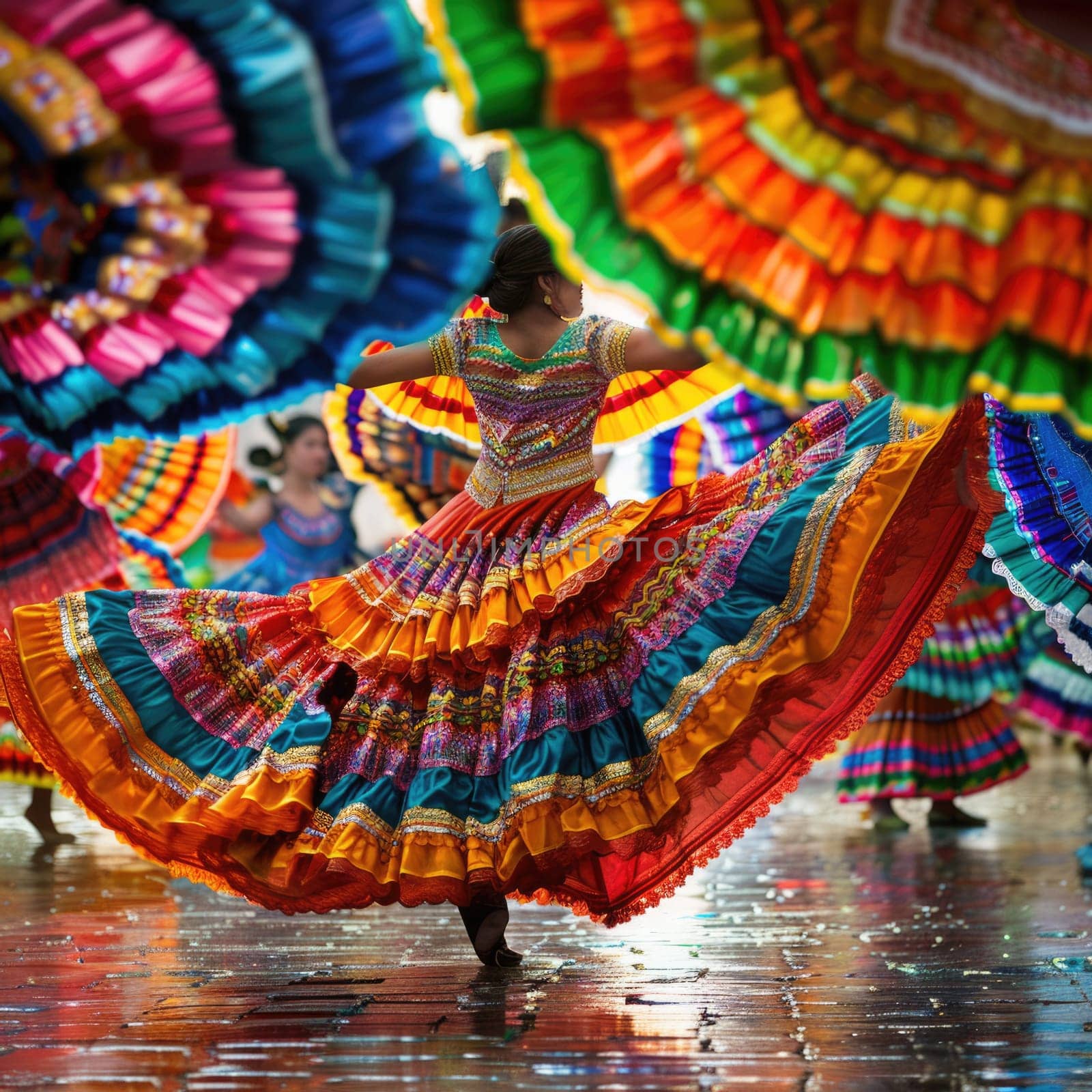 Latin dancers in Traditional Mexican Dress Dancing at parade or cultural Festival in Mexico Latin America, ai generated by Desperada