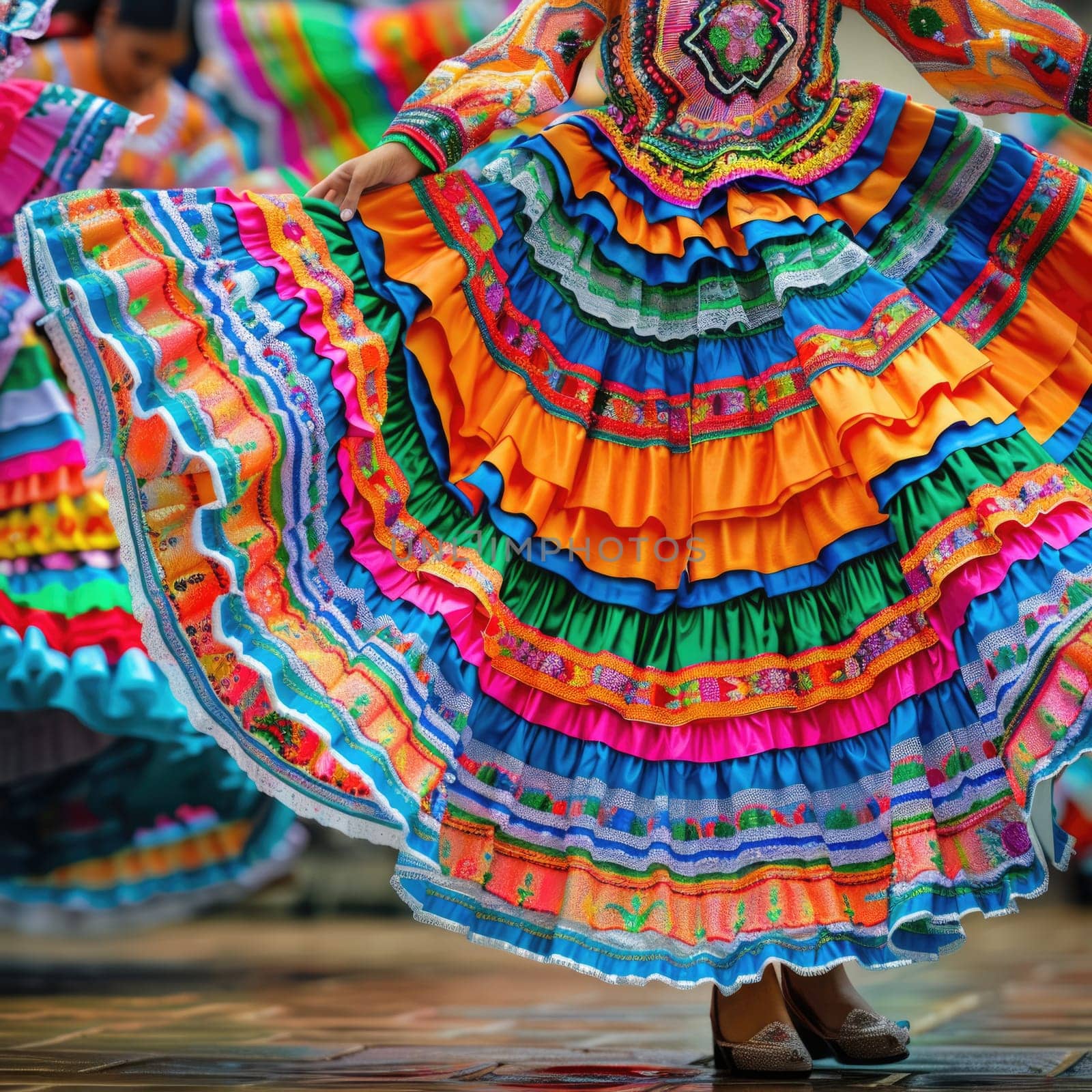 Latin dancers in Traditional Mexican Dress Dancing at parade or cultural Festival in Mexico Latin America, ai generated by Desperada