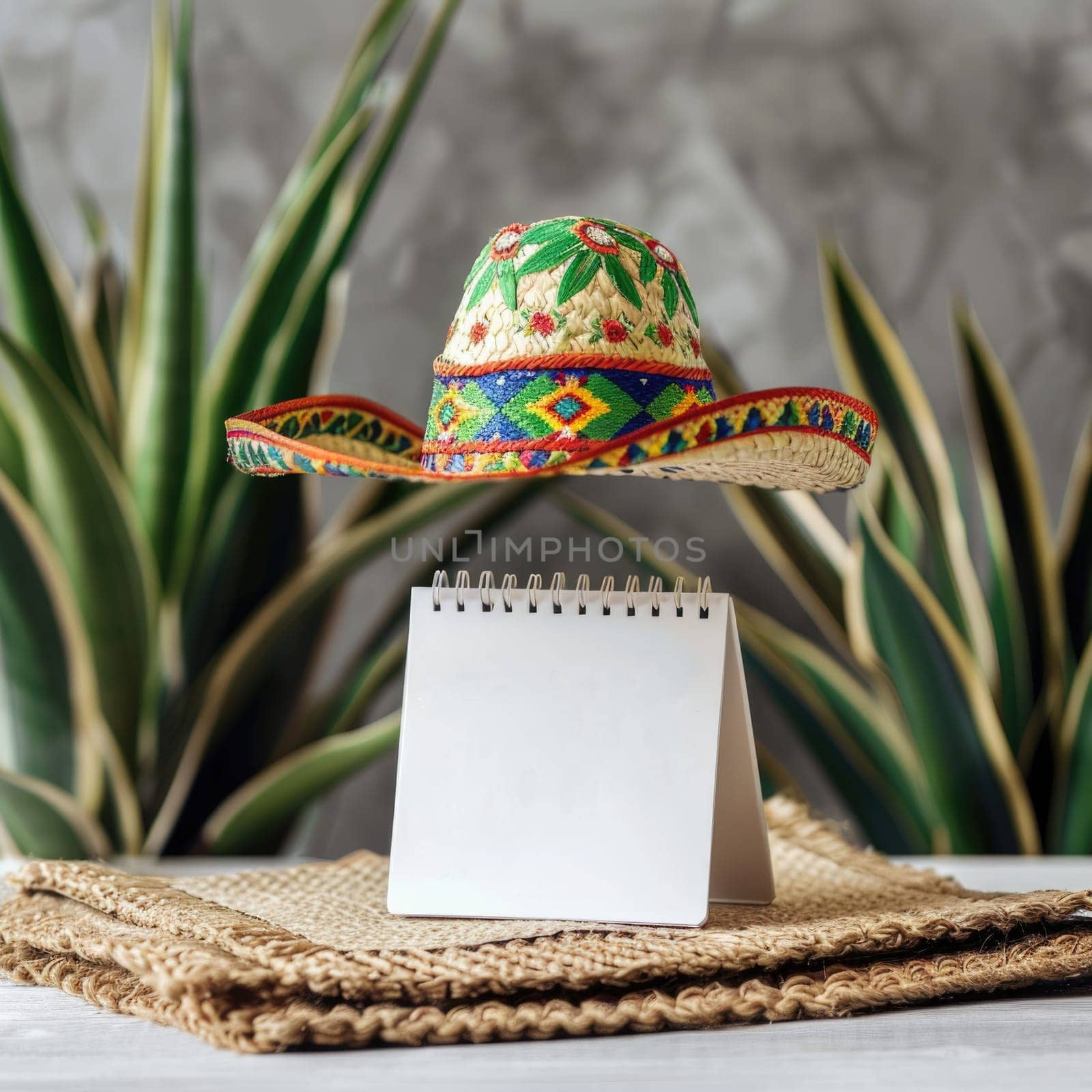 Save the date white block calendar for Cinco de Mayo, with fun Mexican cactus and hat. ai generated by Desperada