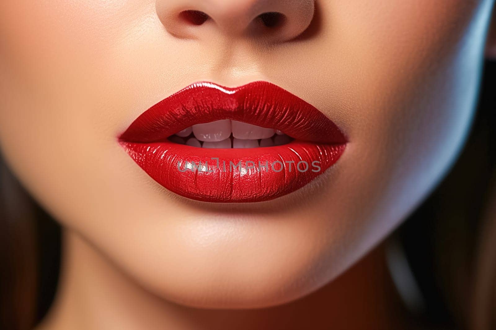 Beautiful lip makeup with red lipstick close-up. by Yurich32