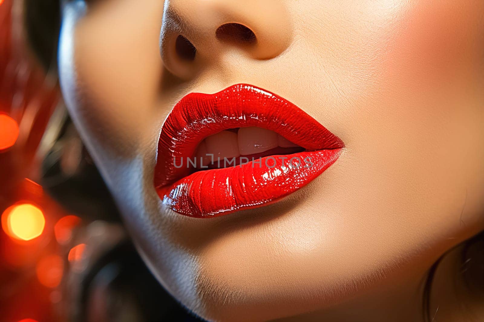 Beautiful lip makeup with red lipstick close-up. by Yurich32