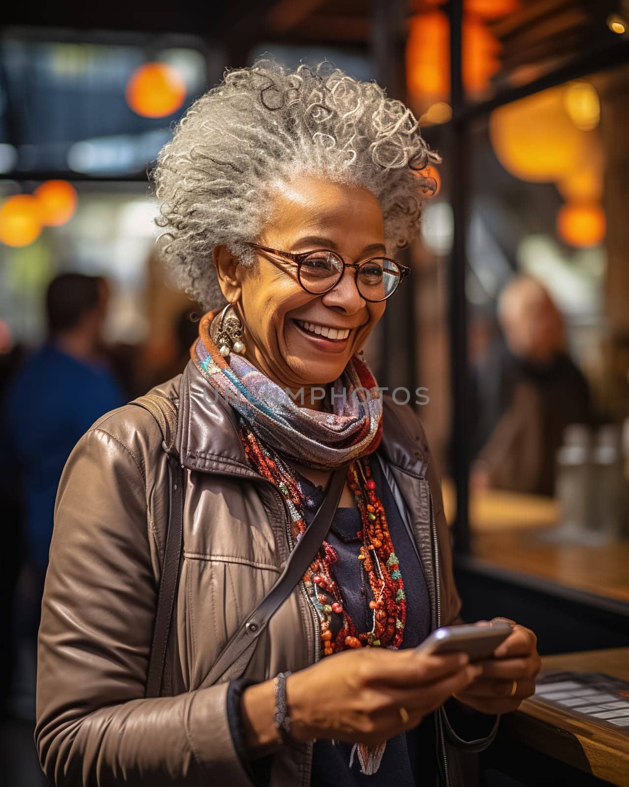 Portrait of a happy African American woman sitting in a cafe with a phone. by Yurich32