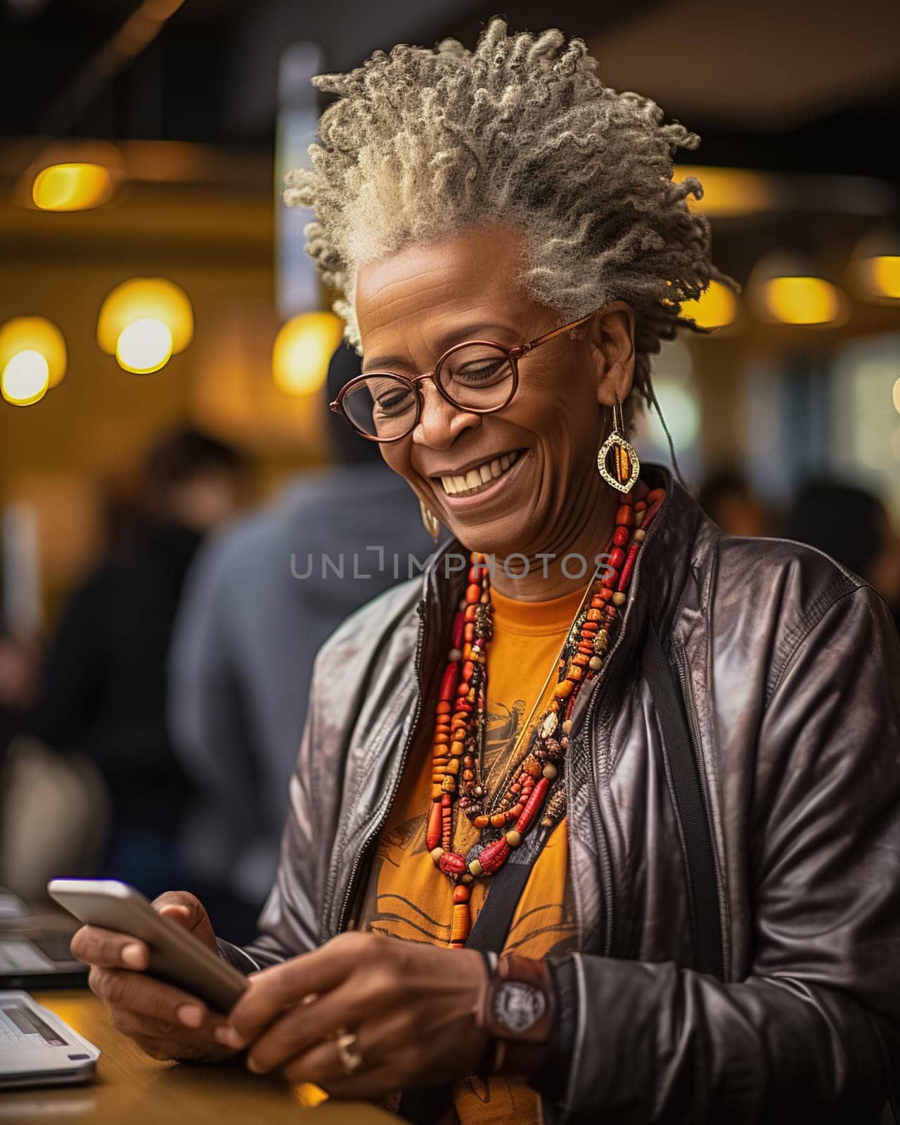 Portrait of a happy African American woman sitting in a cafe with a phone. High quality photo