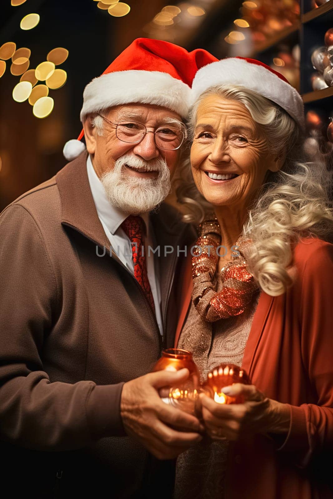 Happy aged couple with gifts for Christmas. High quality photo