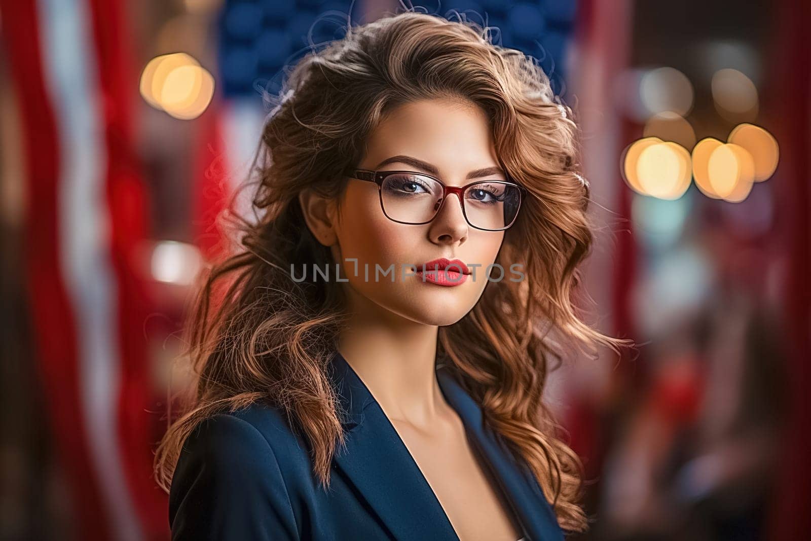 Portrait of a beautiful girl with long hair wearing glasses. High quality photo