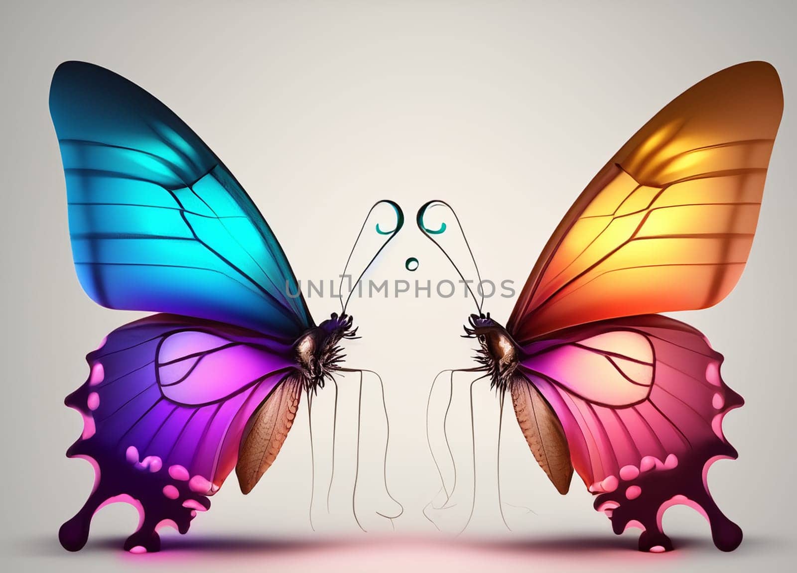 two fantasy butterflies in pastel colors, one blue and red the other pink purple opposite each other ai generated