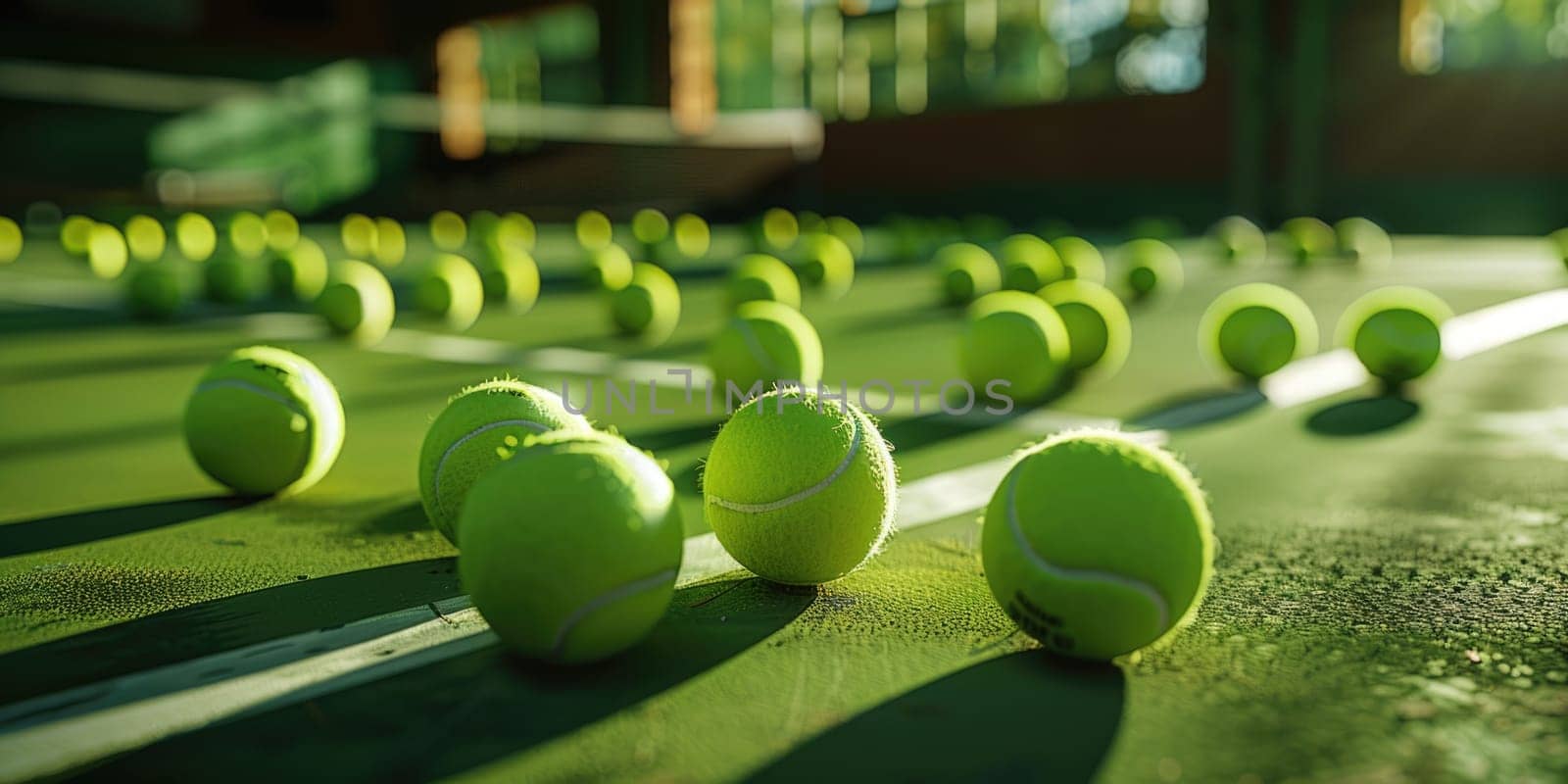 tennis rackets and tennis balls lying on green tennis court. ai generated by Desperada
