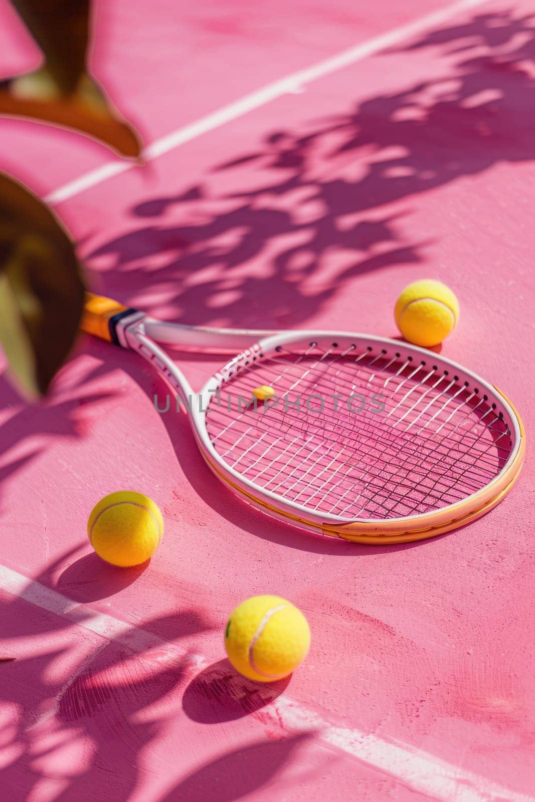 tennis rackets and tennis balls lying on pink tennis court. ai generated by Desperada