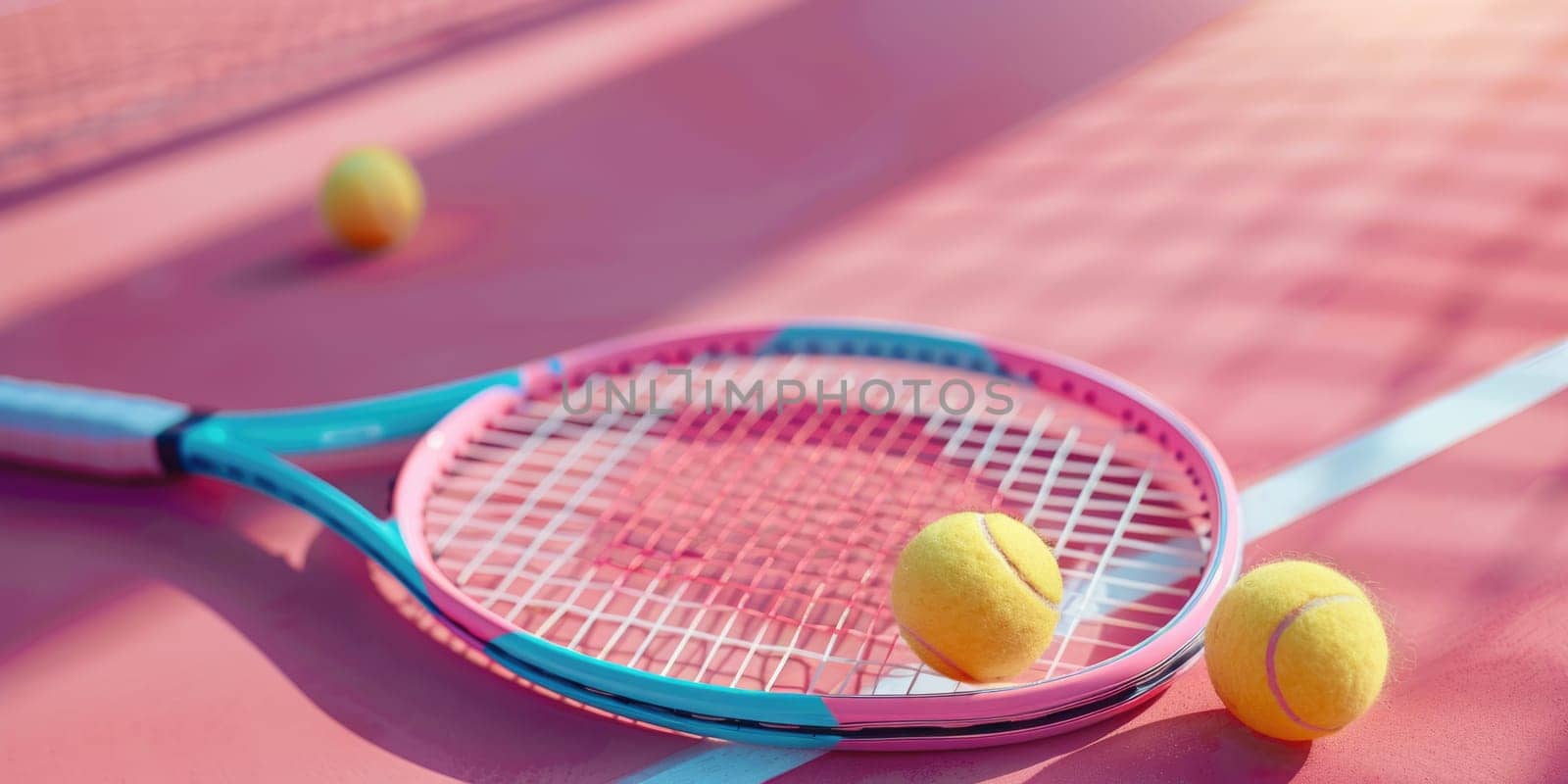 Close up of tennis rackets and tennis balls lying on pink tennis court. ai generated