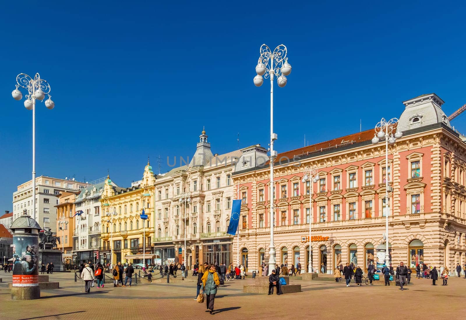 Zagreb, Croatia - 4 of March, 2023: View of the main square in Zagreb (Trg bana Josipa Jelačića). High quality photo