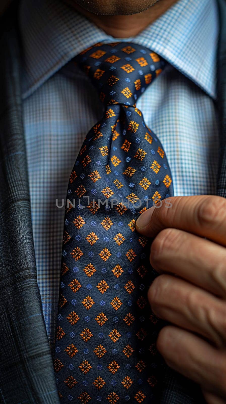 Close-up of a hand adjusting a tie representing professionalism by Benzoix