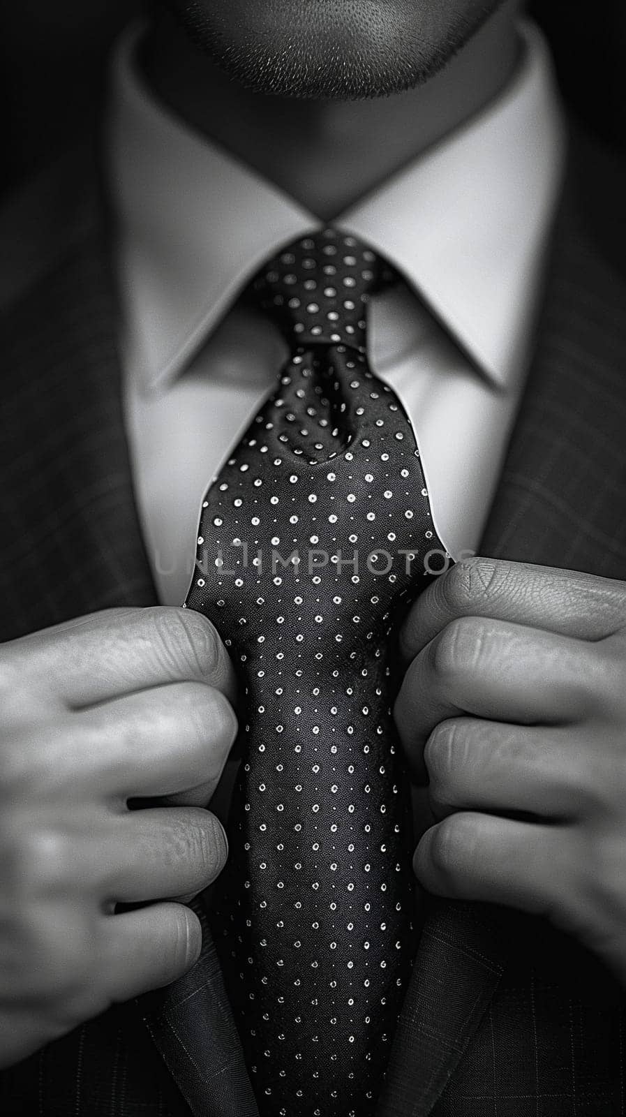 Close-up of a hand adjusting a tie, representing professionalism, fashion, and preparation.