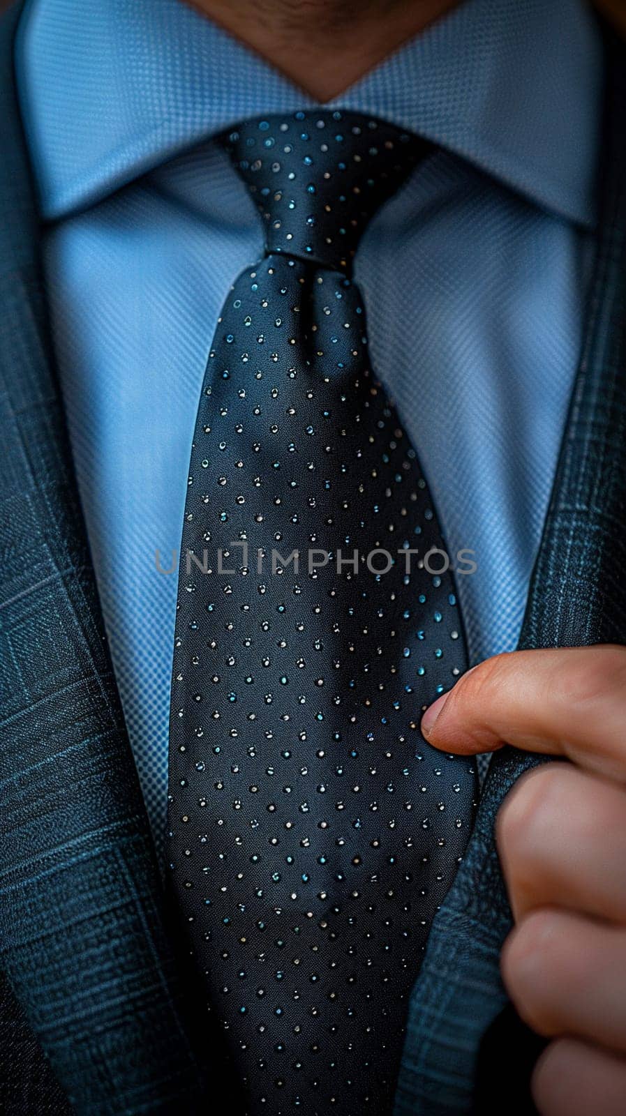 Close-up of a hand adjusting a tie, representing professionalism, fashion, and preparation.