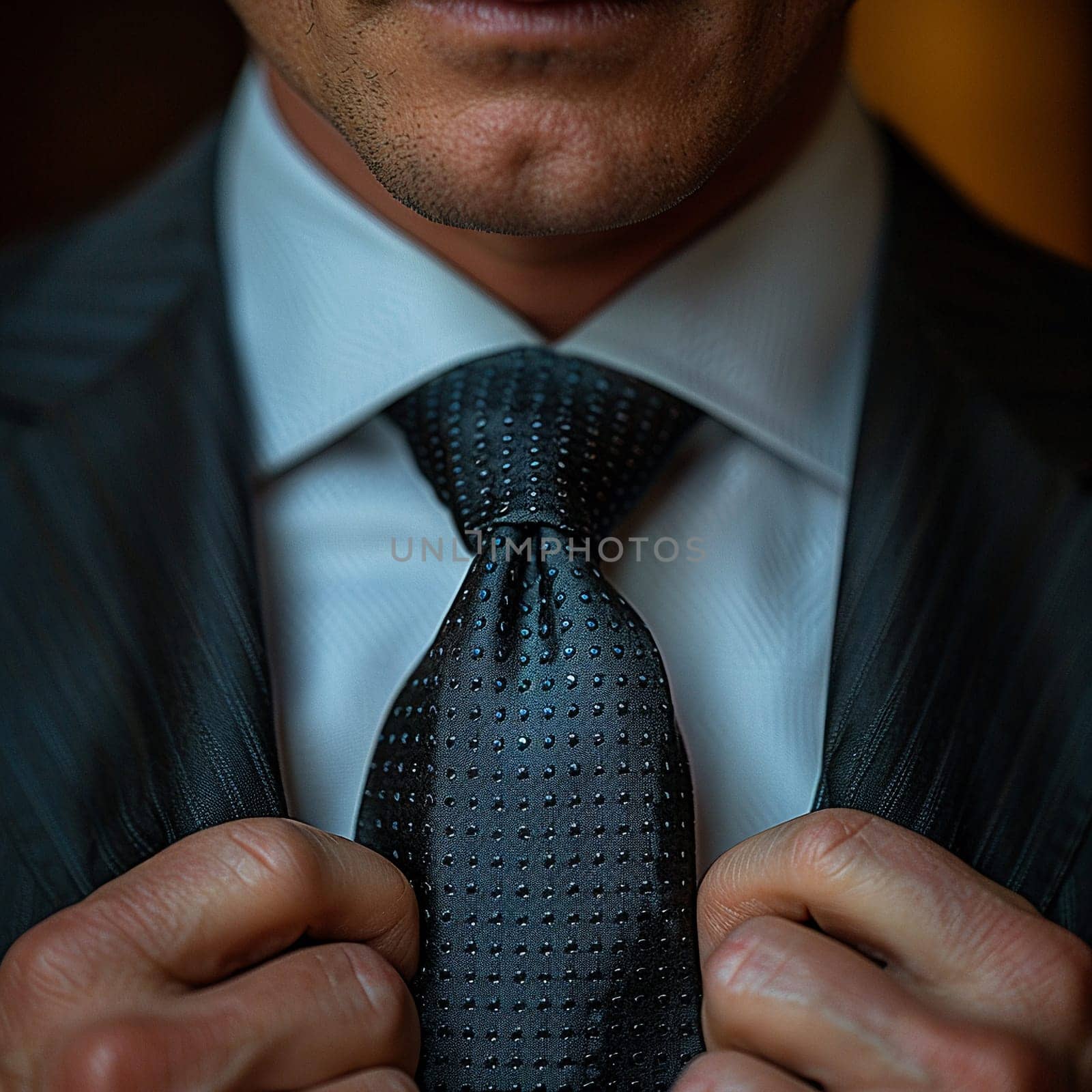Close-up of a hand adjusting a tie representing professionalism by Benzoix