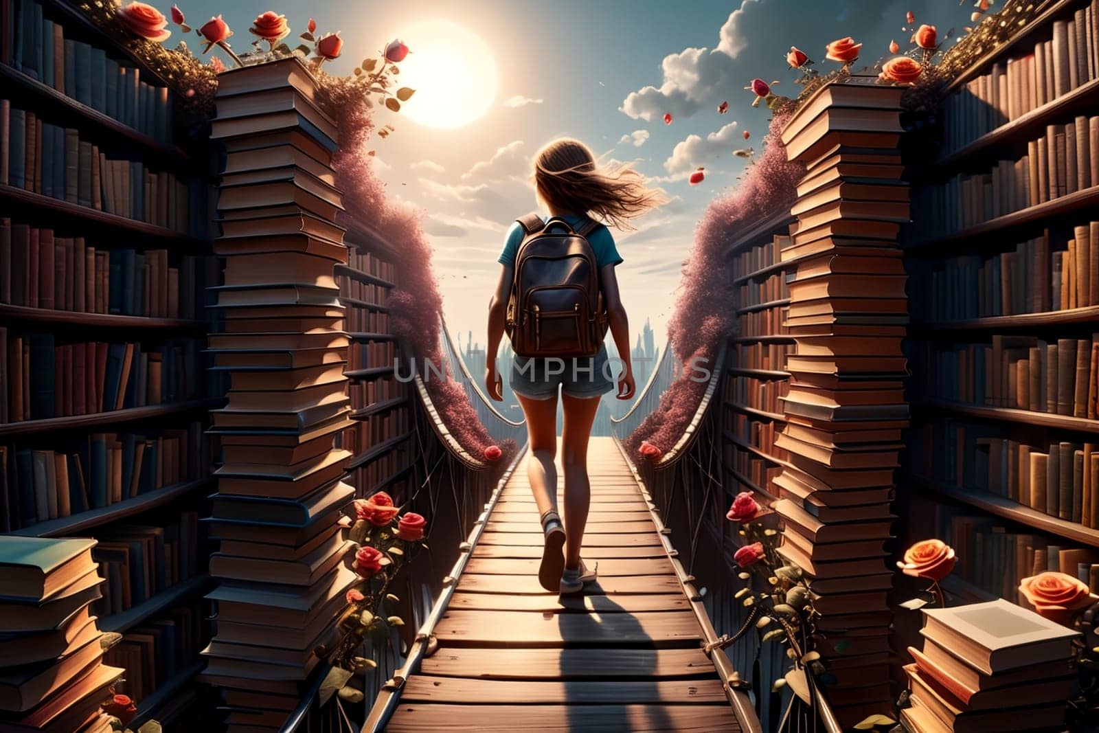 a girl walks along the bridge of knowledge, the road of learning.