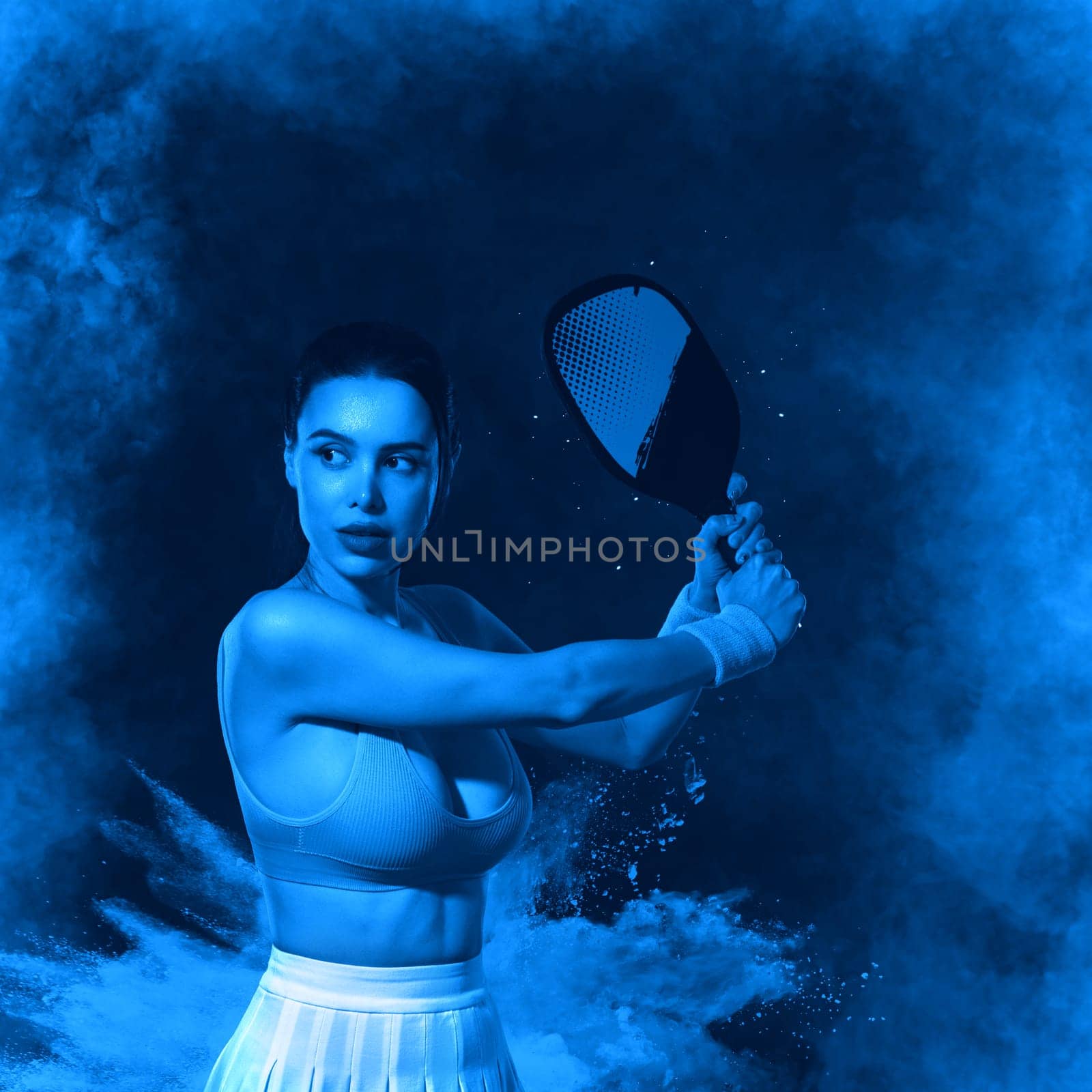 Pickleball tennis player with racket on the court. Sport court and balls. Download a high quality photo with paddle for the design of a sports app or social media advertisement