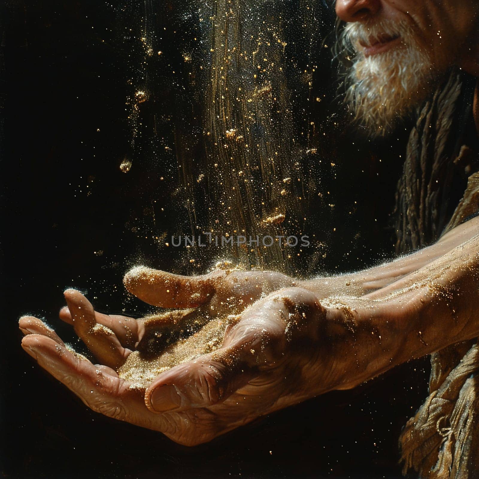 Close-up of a hand pouring sand through fingers, symbolizing time, loss, and impermanence.