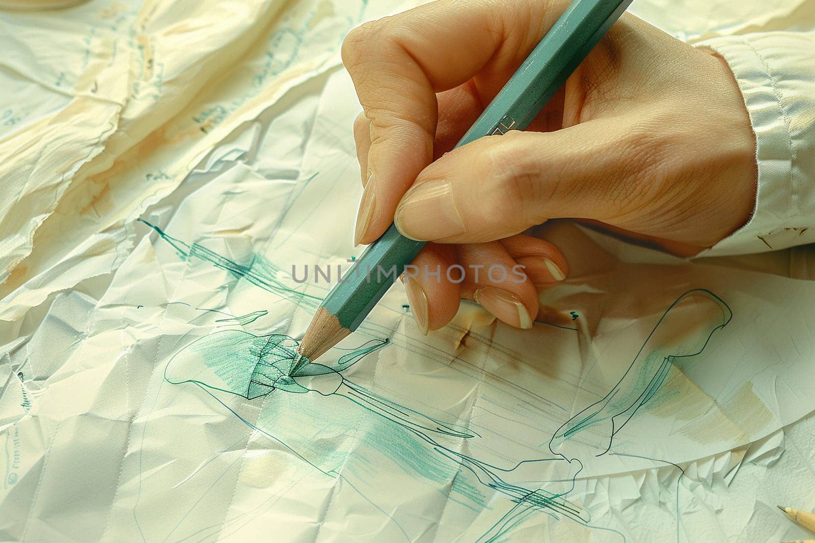 Close-up of a hand sketching a fashion design, representing creativity, style, and the fashion industry.