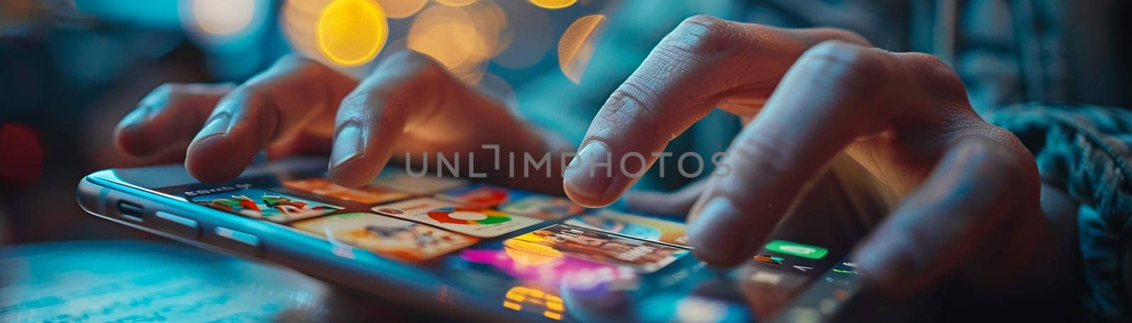 Close-up of fingers scrolling through a news feed on a phone by Benzoix