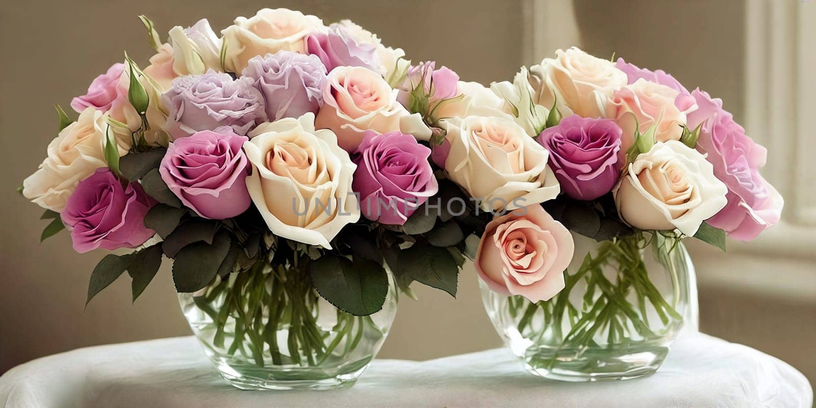 Romantic floral arrangement using soft pastel-colored roses. Panorama by GoodOlga