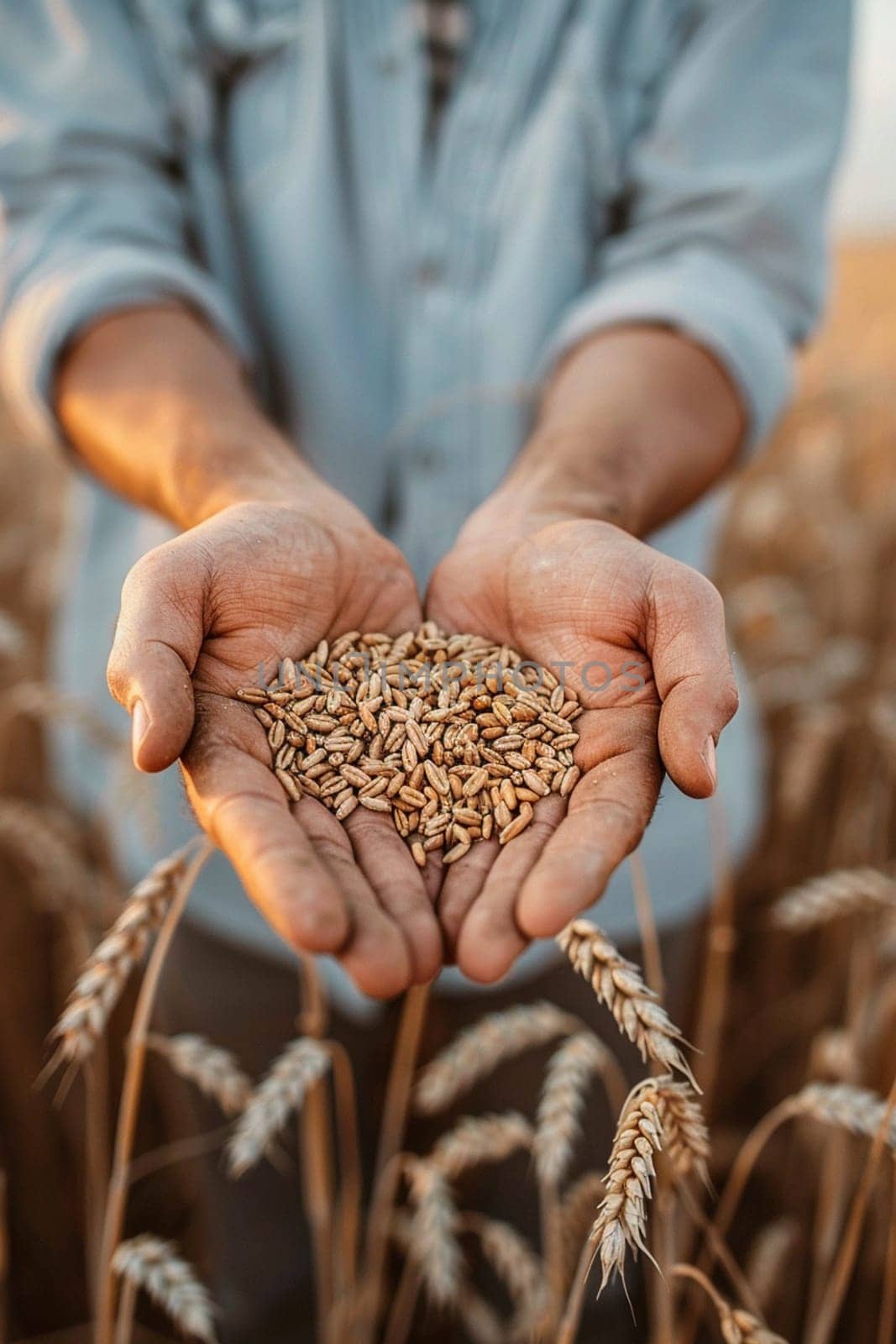 farmer holds grains of wheat in his hands against the background of a field, food, Generative AI,