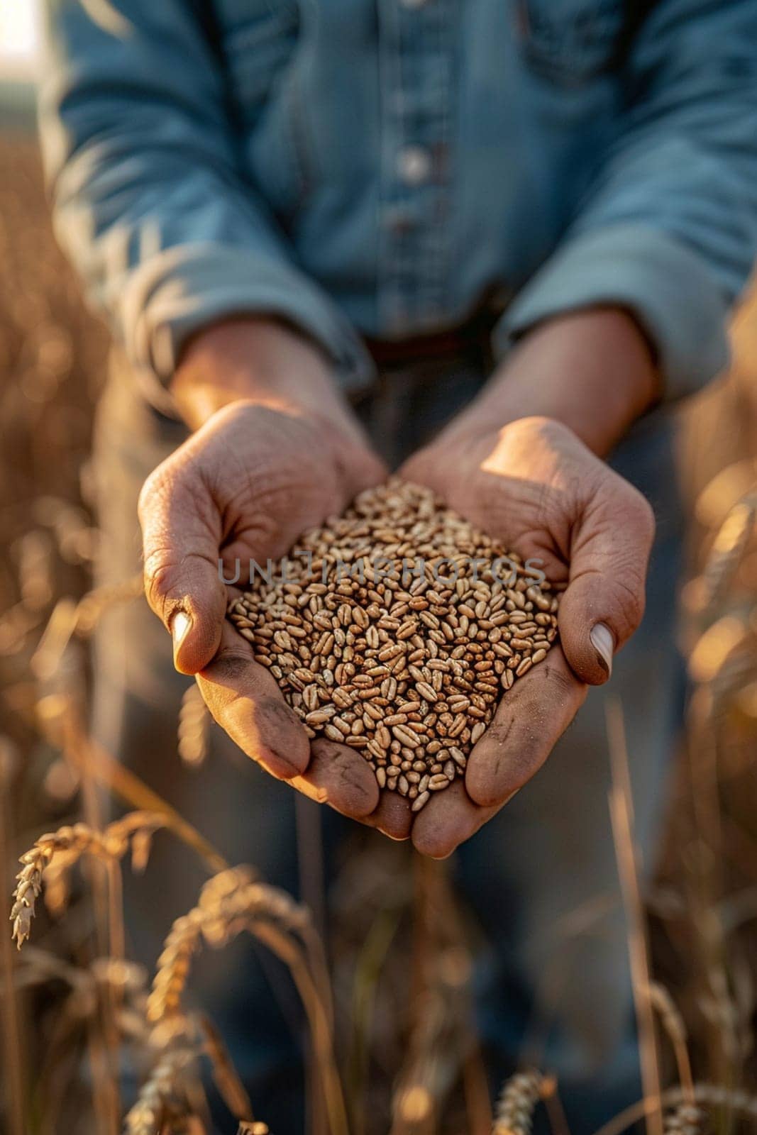 farmer holds grains of wheat in his hands against the background of a field, food, Generative AI,