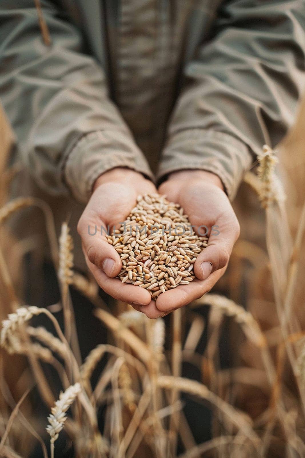 farmer holds grains of wheat in his hands against the background of a field, food, Generative AI,