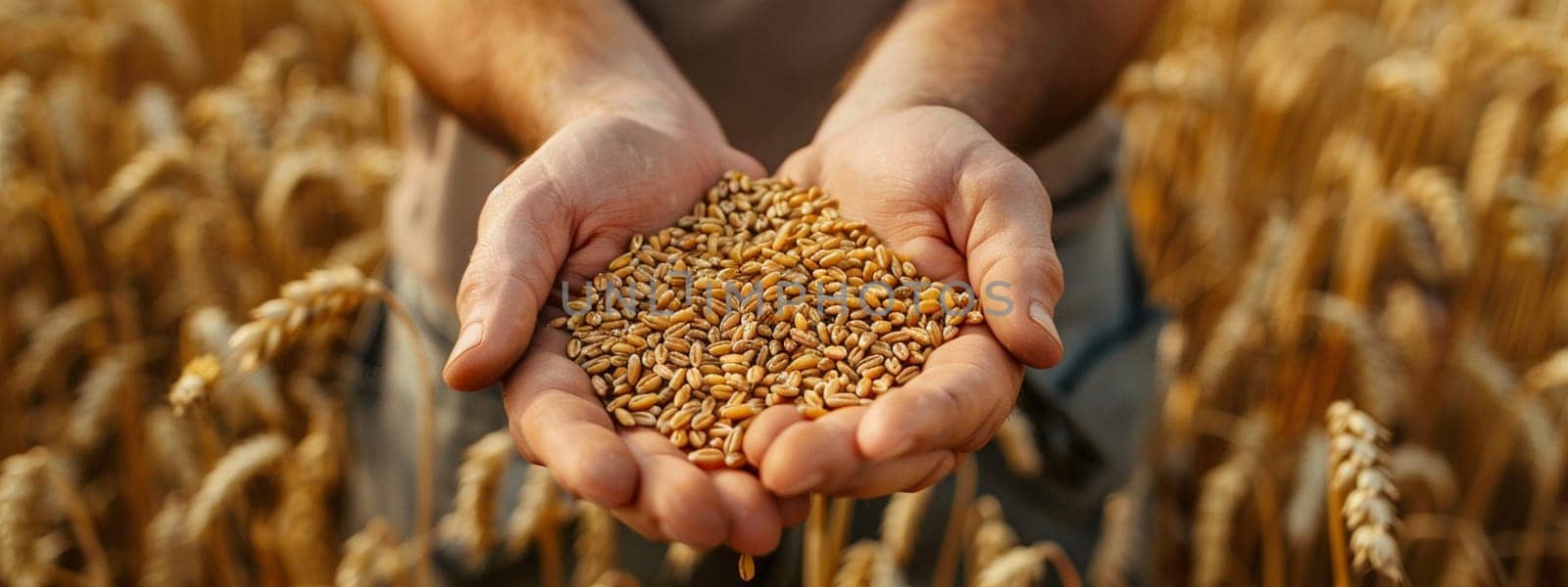 farmer holds grains of wheat in his hands against the background of a field, food, Generative AI,