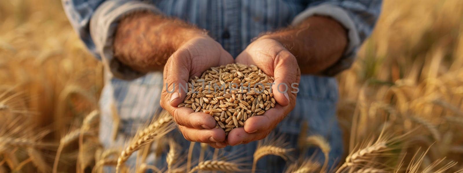 farmer holds grains of wheat in his hands against the background of a field, food, Generative AI,