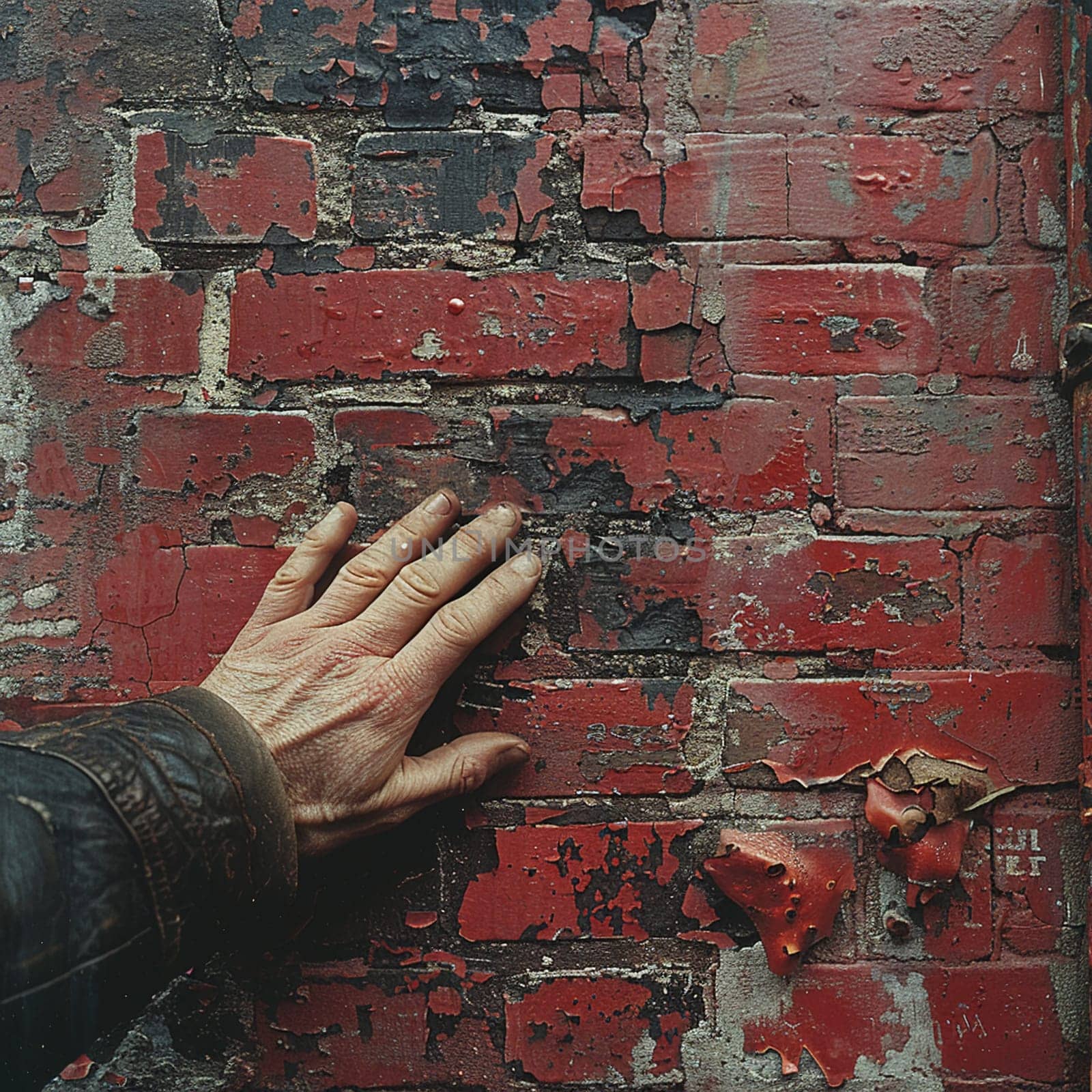 Fingers brushing against a brick wall, symbolizing texture, stability, and urban life.