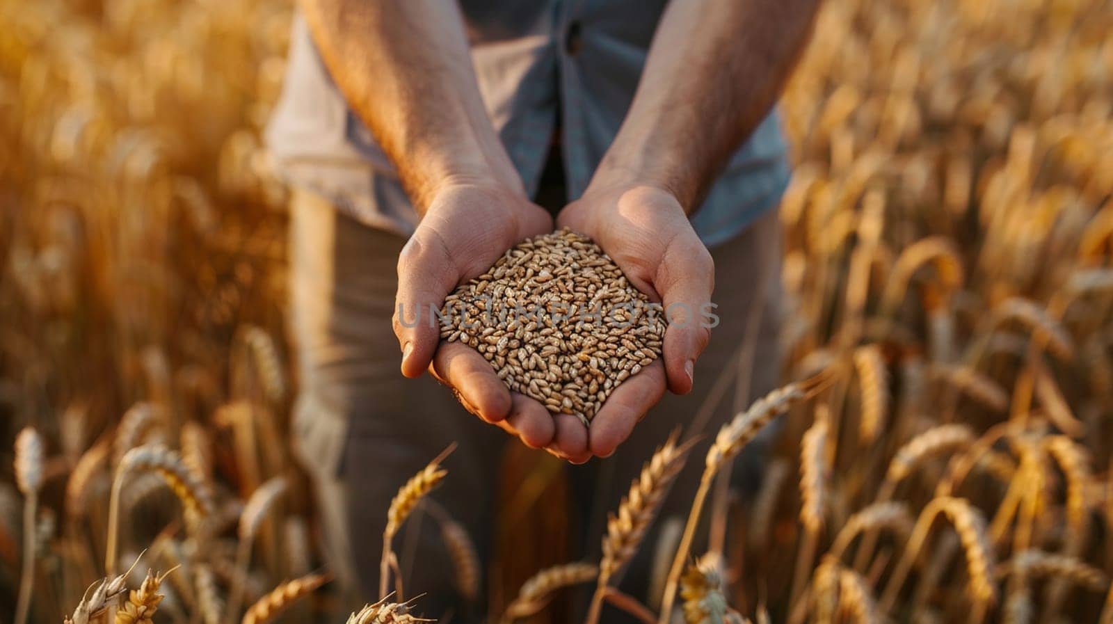 farmer holds grains of wheat in his hands against the background of a field, food, Generative AI,