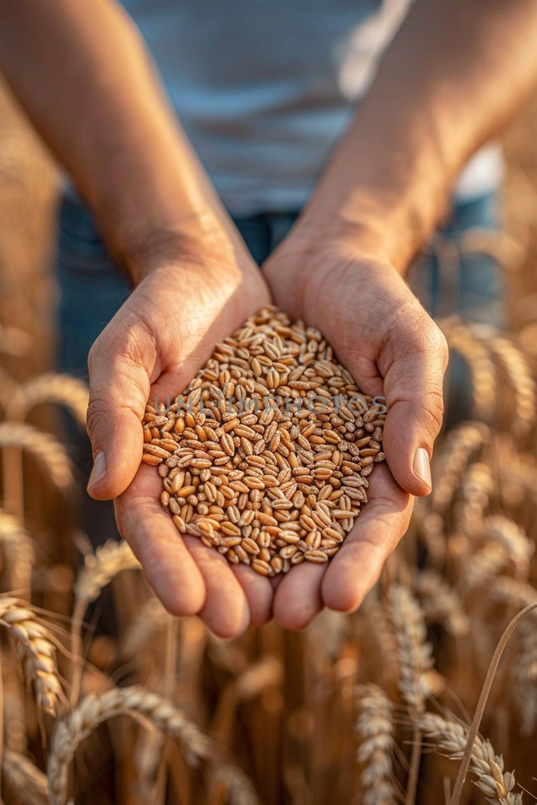 farmer holds grains of wheat in his hands against the background of a field, food, Generative AI,