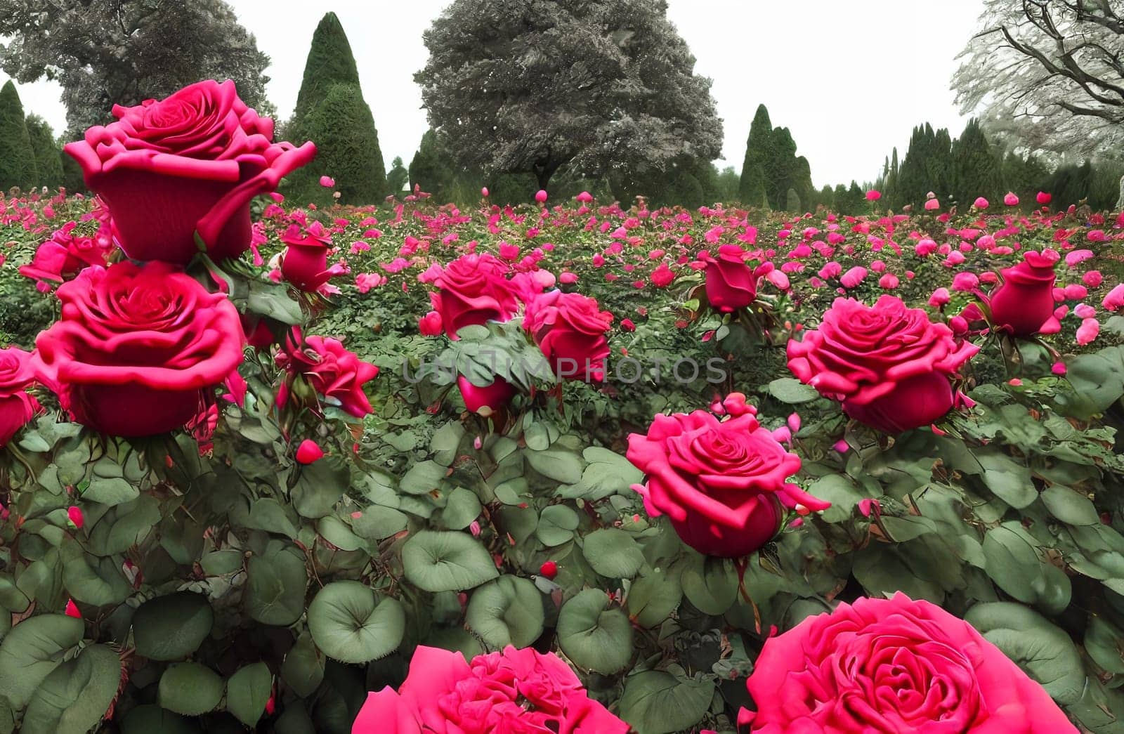 Timeless beauty of a classic rose garden in full bloom. Panorama by GoodOlga