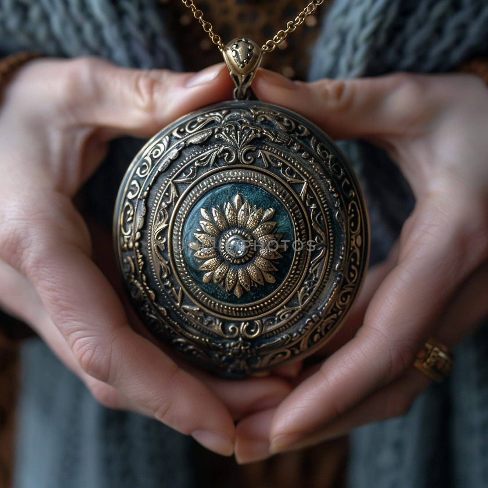 Fingers clutching a locket, evoking personal history, memory, and sentimental value.