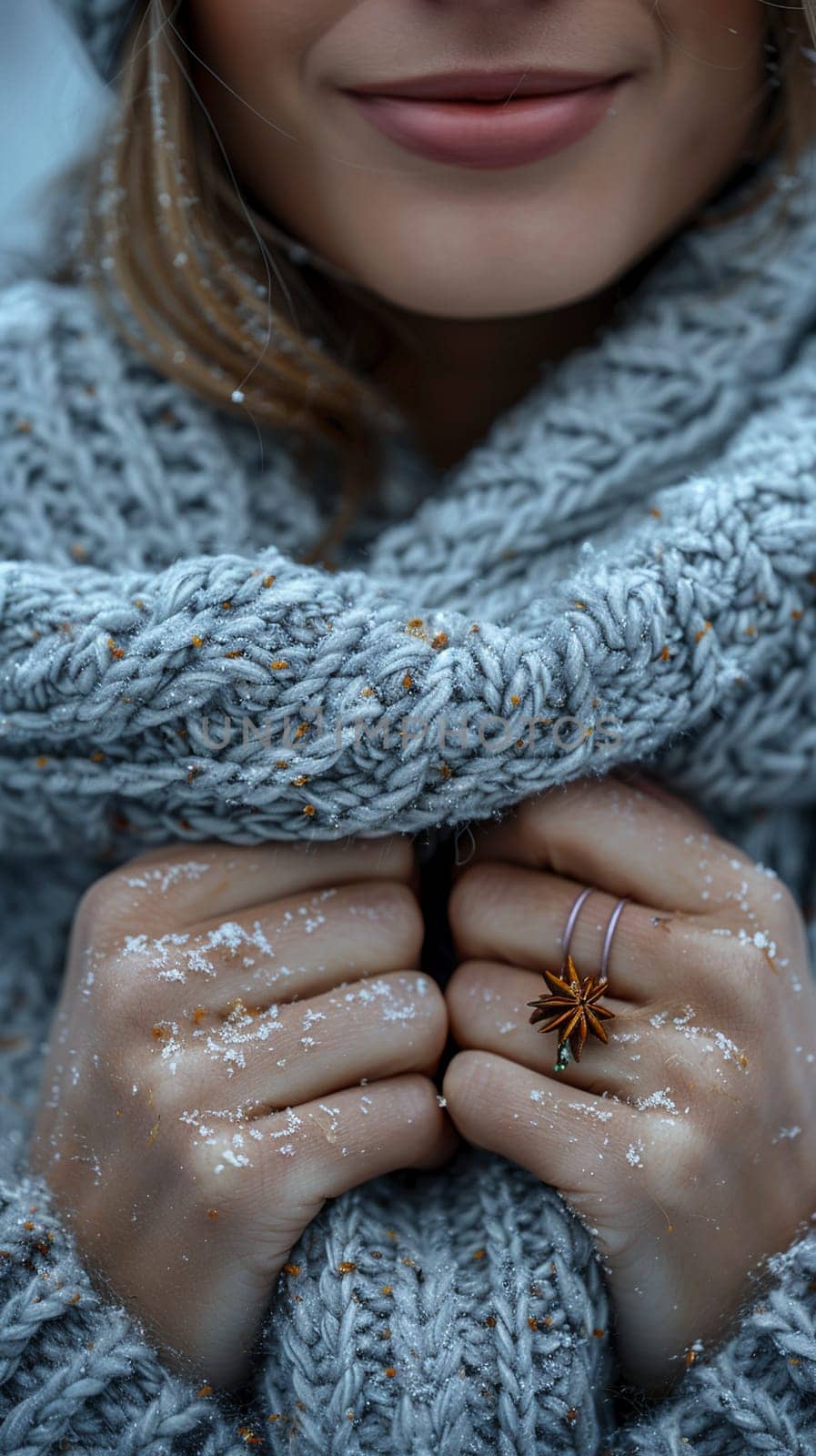 Fingers clutching a warm woolen scarf, symbolizing comfort, warmth, and winter.