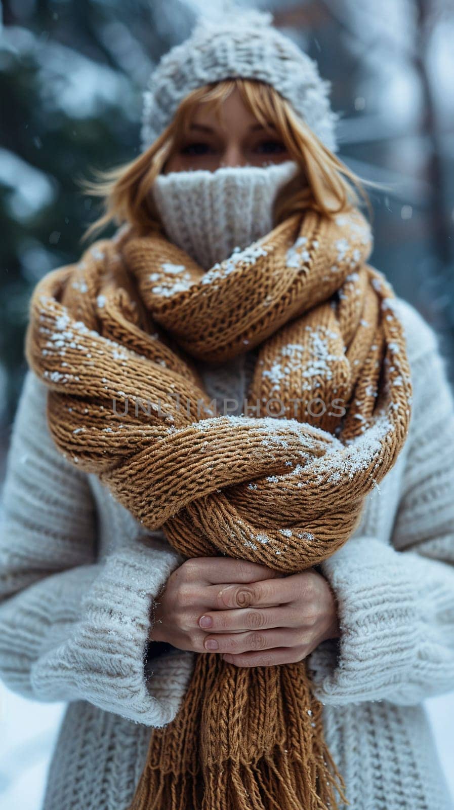 Fingers clutching a warm woolen scarf symbolizing comfort by Benzoix