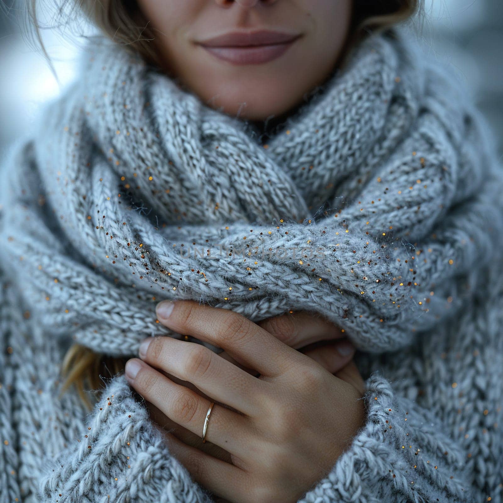 Fingers clutching a warm woolen scarf, symbolizing comfort, warmth, and winter.