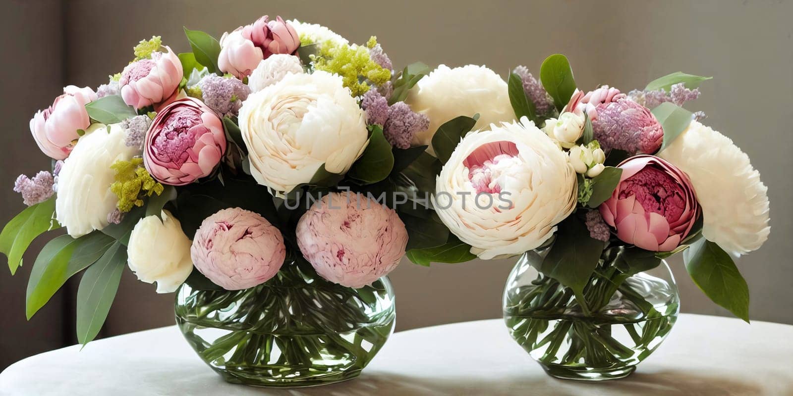 Sophisticated floral arrangement using a mix of different blooms such as peonies, hydrangeas, and ranunculus. Panorama