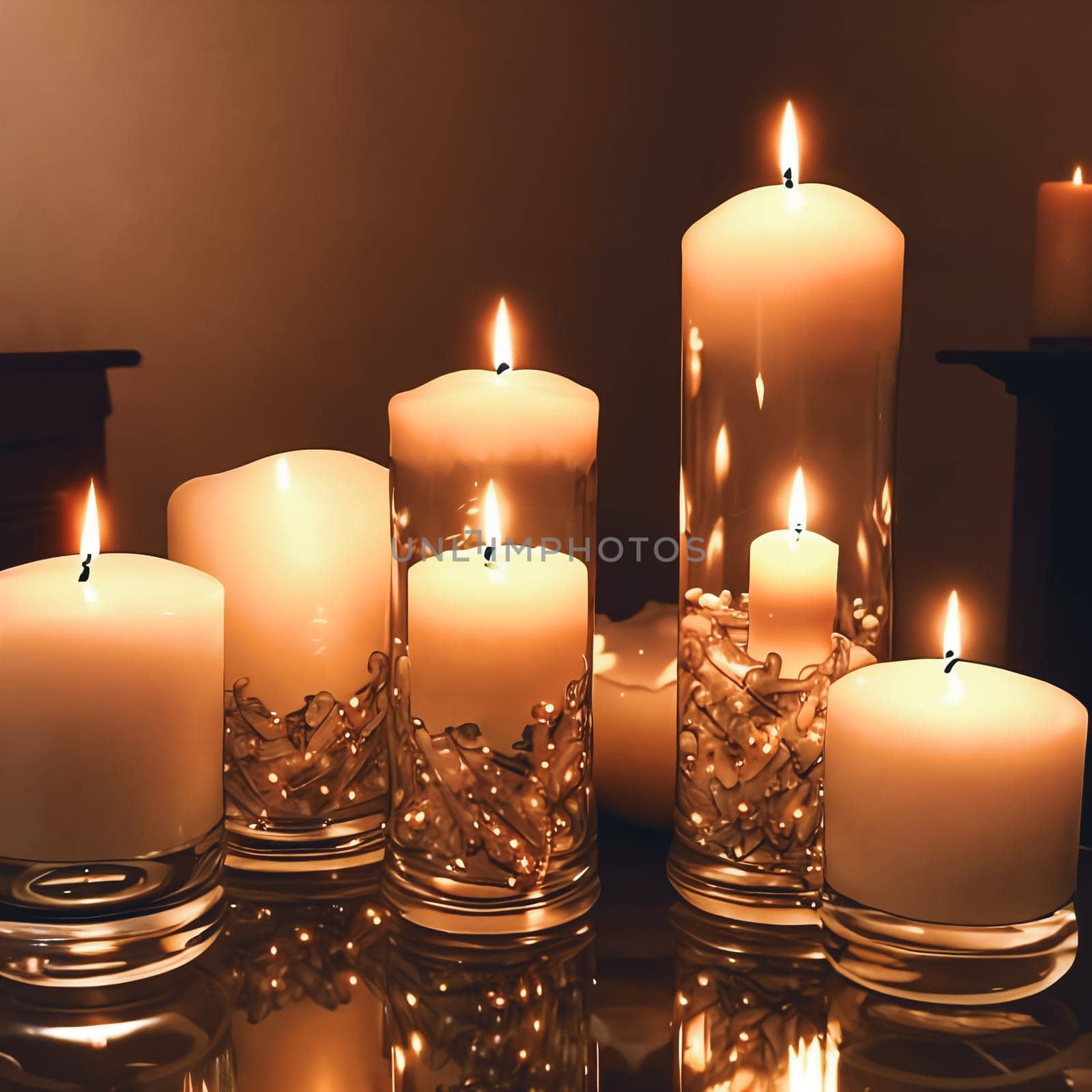 Cluster of scented candles of various shapes and sizes arranged on a reflective surface. Soft glow and comforting allure of the candlelight to create a cozy and inviting ambiance