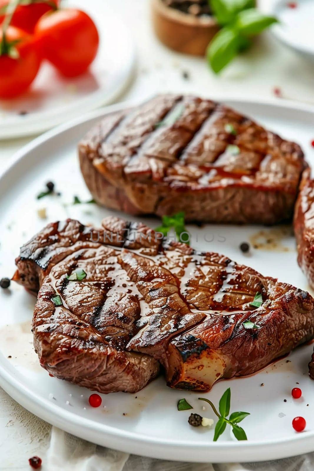 Grilled sliced Beef Steak with tomatoes and rosemary on a plate Isolated on white background top view, food, Generative AI,