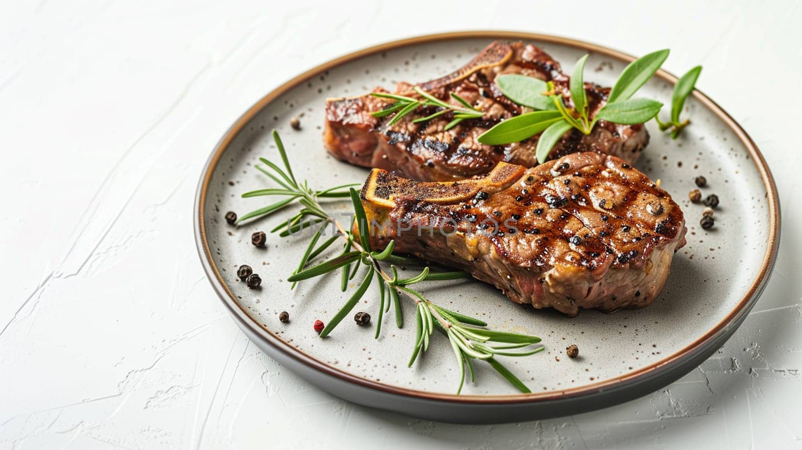 Grilled sliced Beef Steak with tomatoes and rosemary on a plate Isolated on white background top view, food, Generative AI,