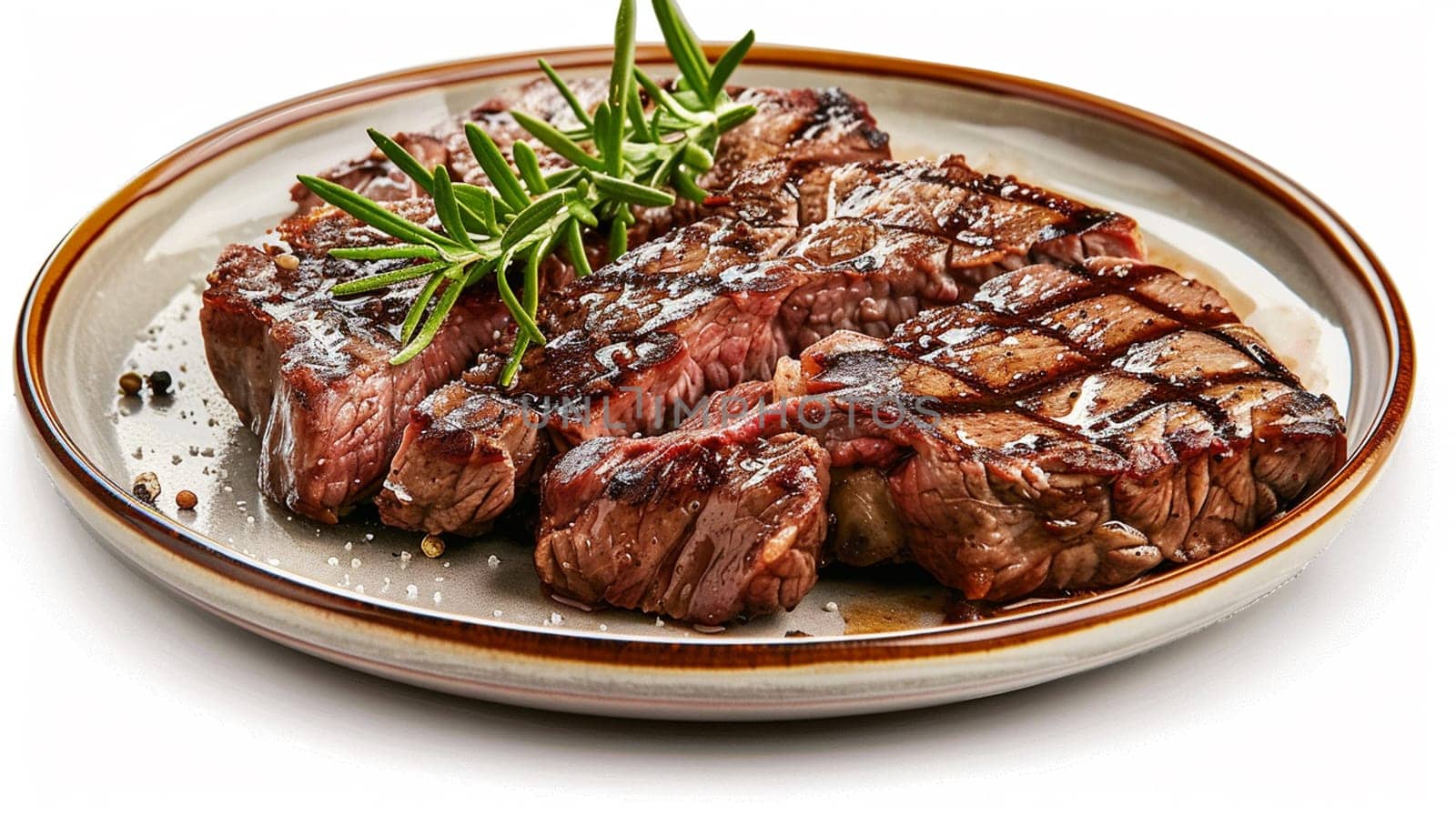 Grilled sliced Beef Steak with tomatoes and rosemary on a plate Isolated on white background top view, food, Generative AI,