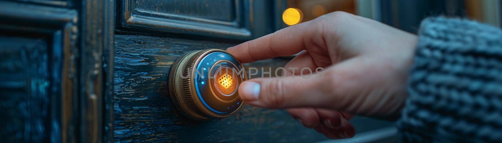 Fingers pressing a doorbell, evoking arrival, visitation, and home interactions.