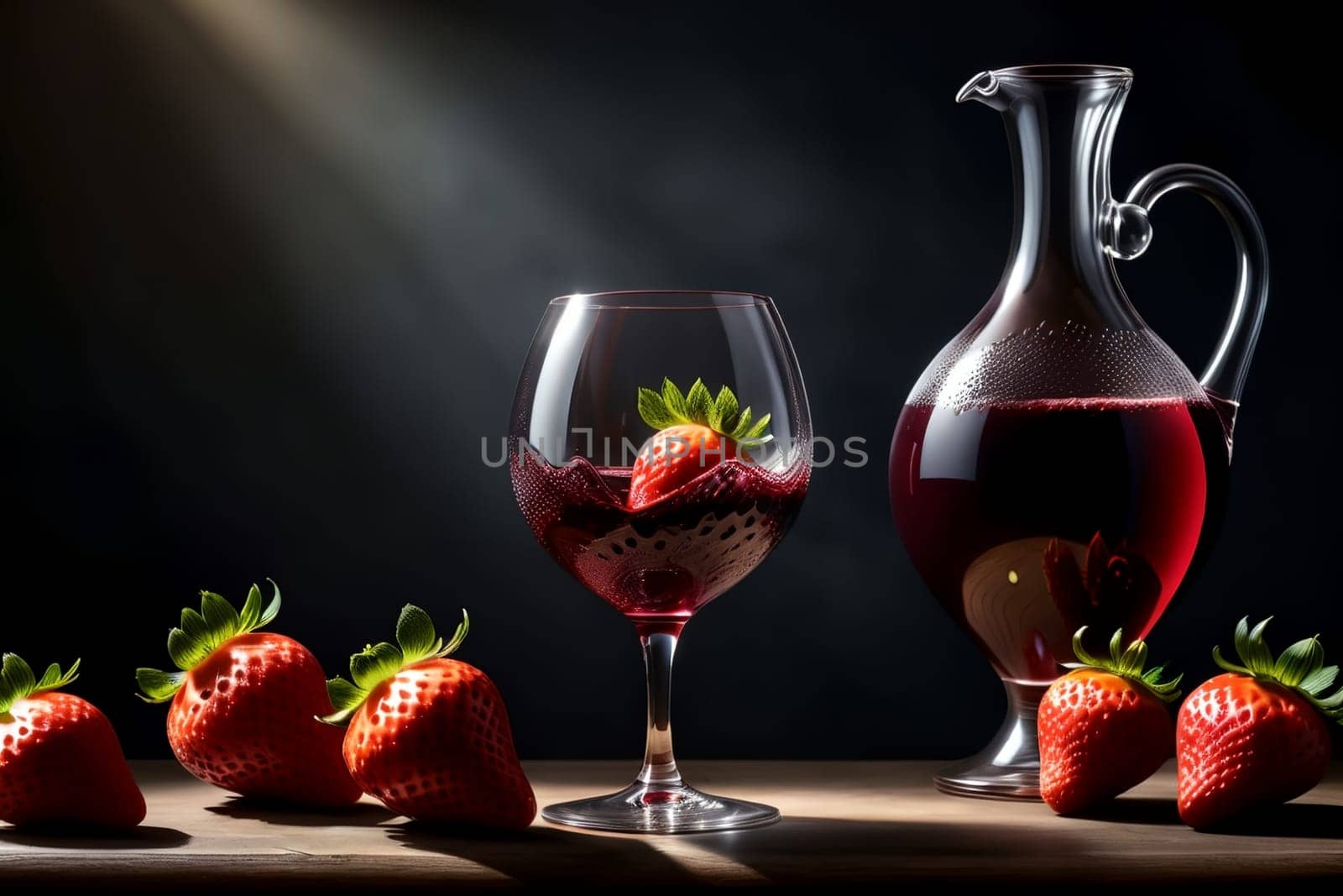 strawberry red wine in a glass and decanter against the background of ripe strawberries on the table.