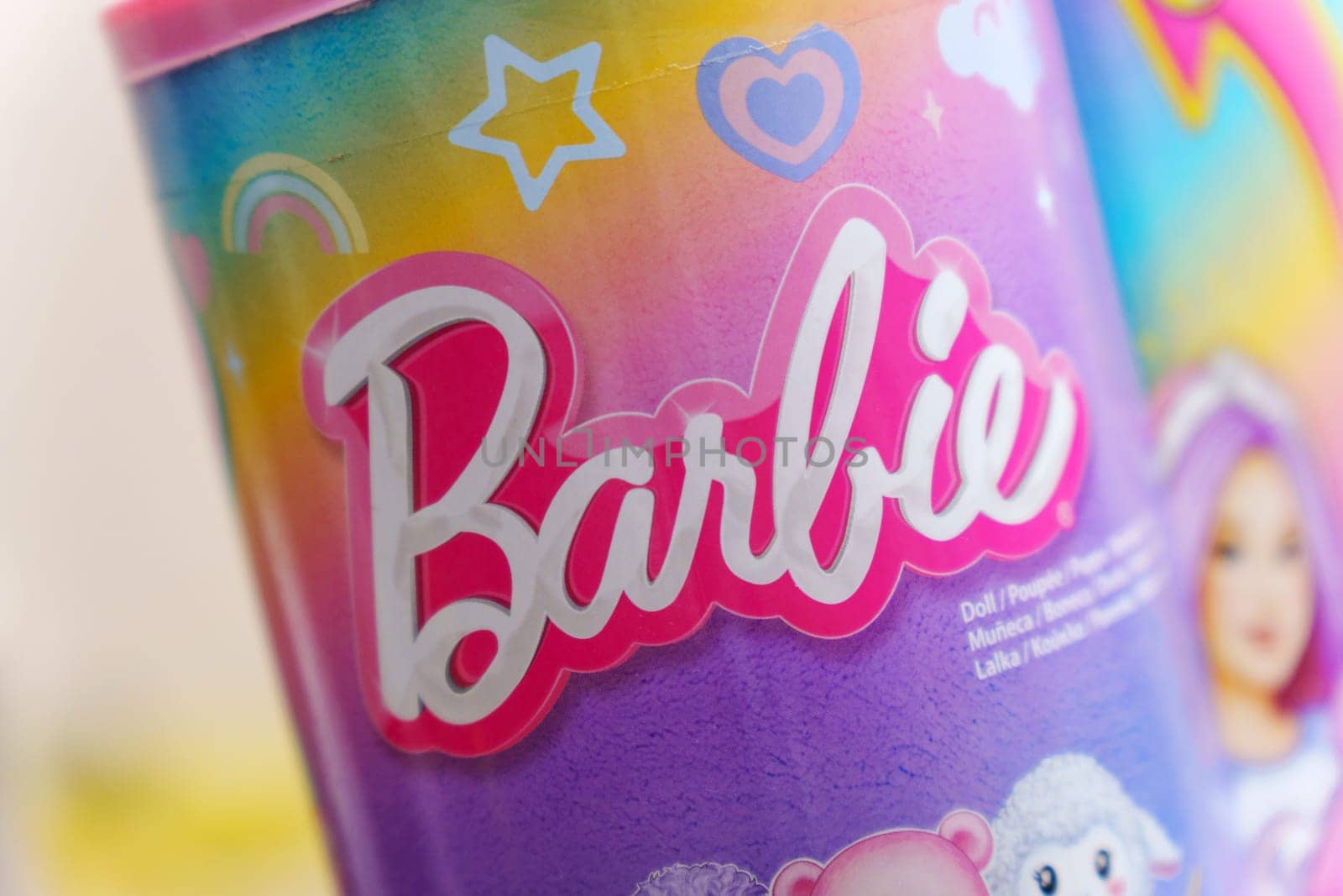 Tyumen, Russia-March 02, 2024: Barbie-themed product, featuring the iconic Barbie logo in pink script, cartoon images.