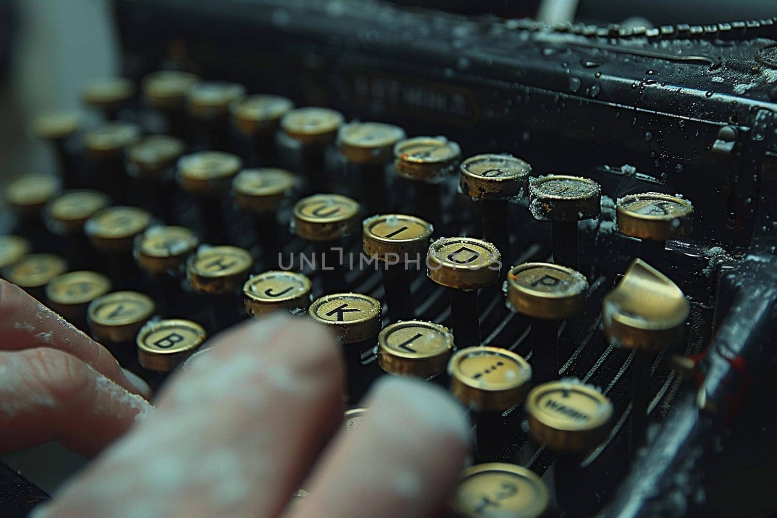 Fingers typing on an old typewriter, evoking the traditional art of writing.