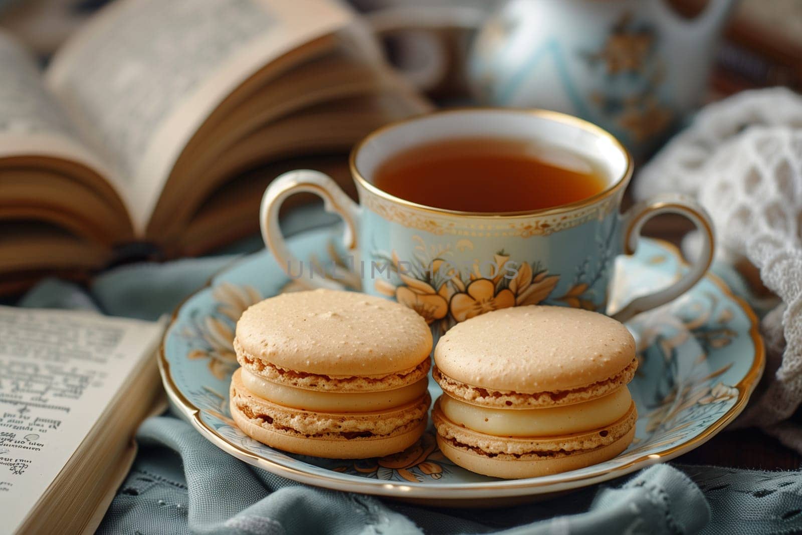 Black tea French macarons and books.